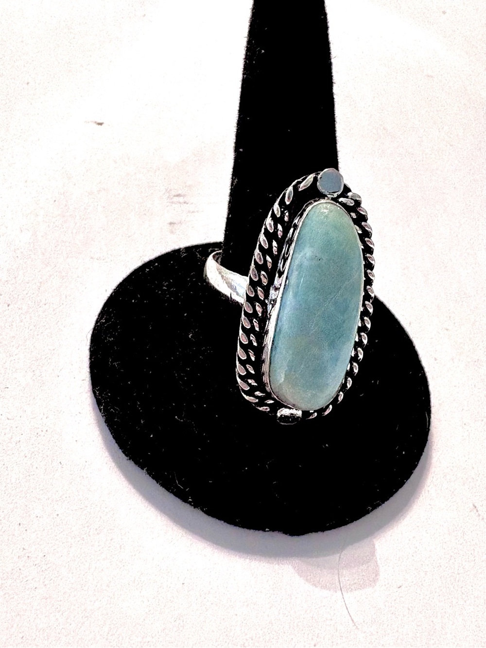 Beautiful design, 1 1/4 inch, 925 marked, Larimar ring size 9